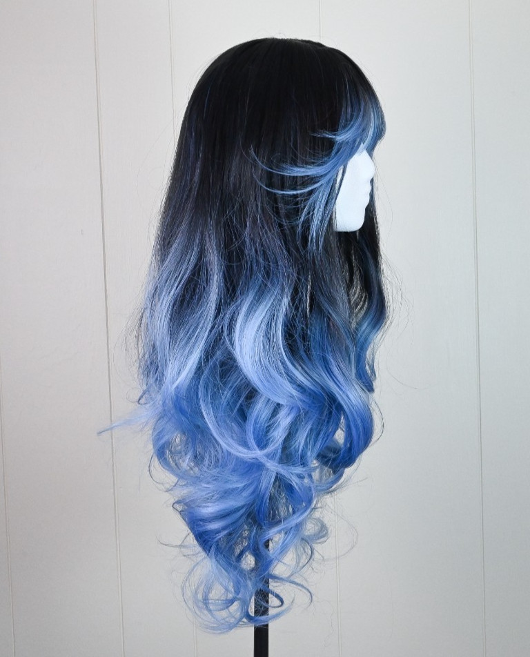 Black and Blue Wavy Wig for Women | Long 26″ Synthetic Hair with Bangs