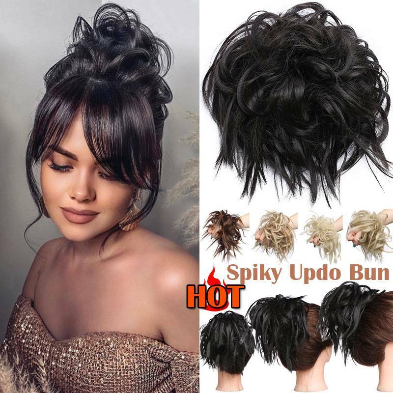 100% Real Messy Bun Curly Spiky Piece Scrunchie False Updo Cover Hair Extensions