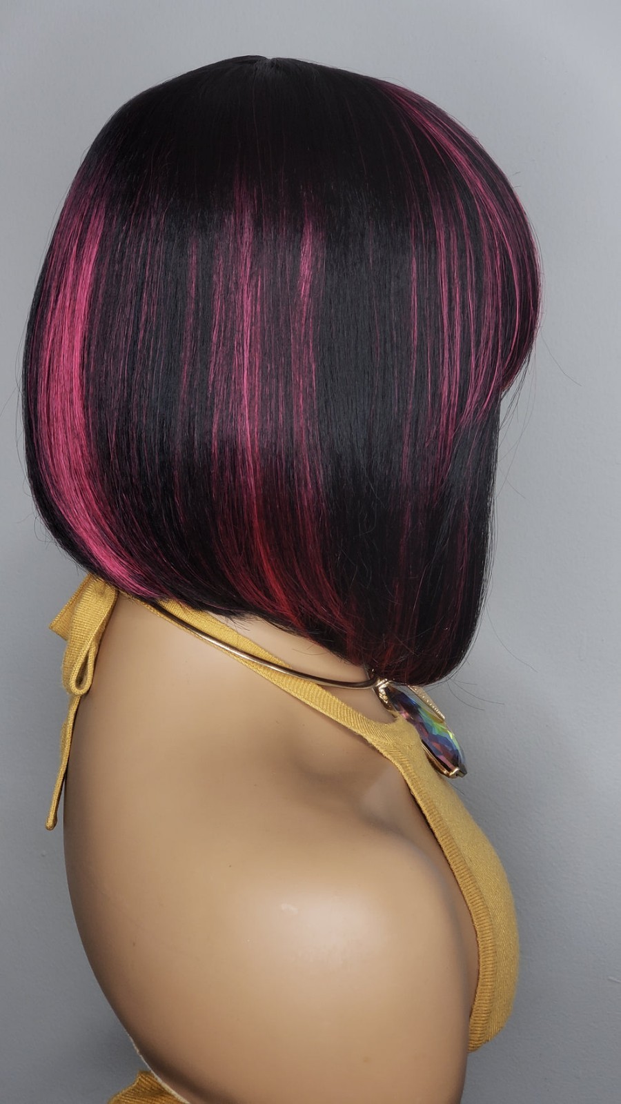 New Human Hair Blend Short Bob Wrap Bangs Full Cap Wig Black Pink Highlights Wig
