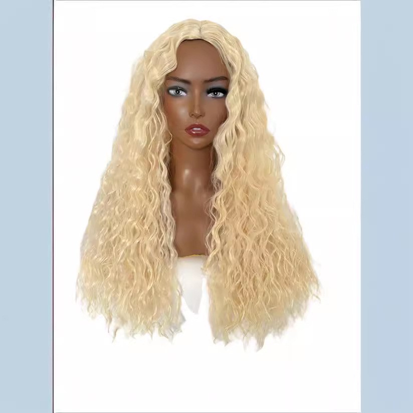 Black Water Wave Yaki Curly Wig with Middle Part Heat Resistant Synthetic Full