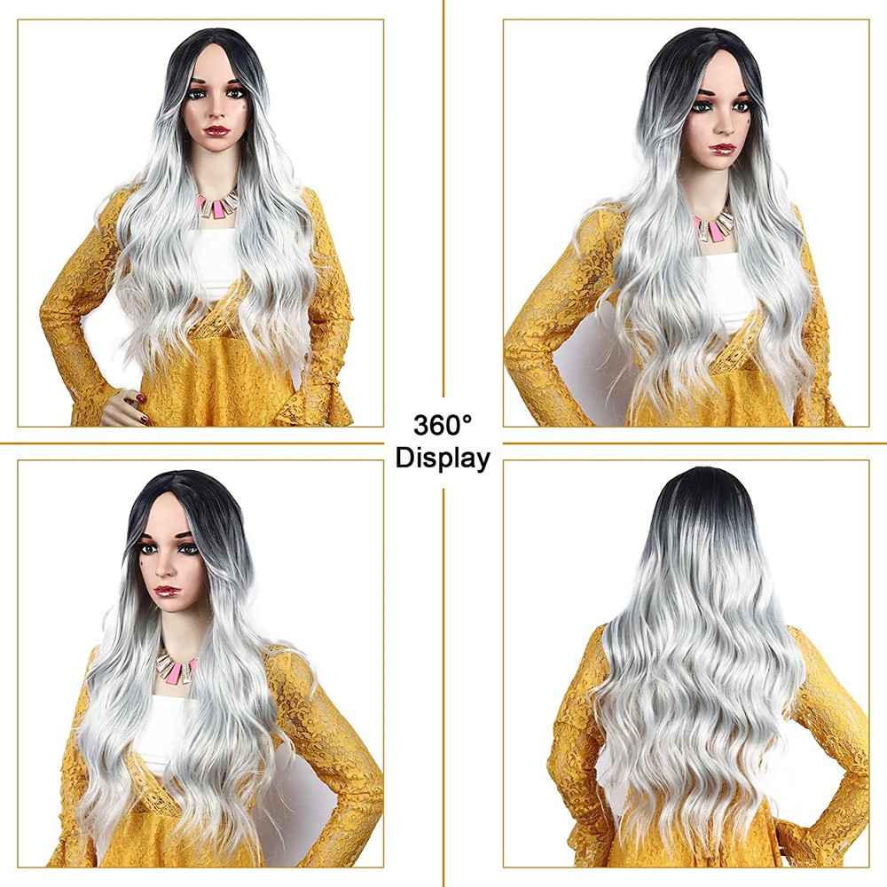 Silver Gray Wig for Women Ombre Natural Cosplay Party Wavy Full Heat Resistant