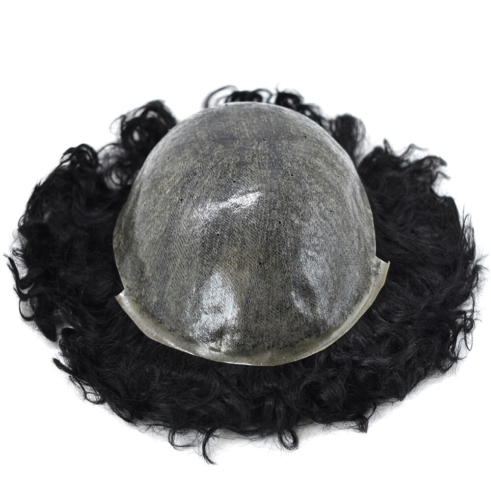 20MM Curly Hair Mens Toupee Full Poly Skin Human Hair System Breathable Holes US