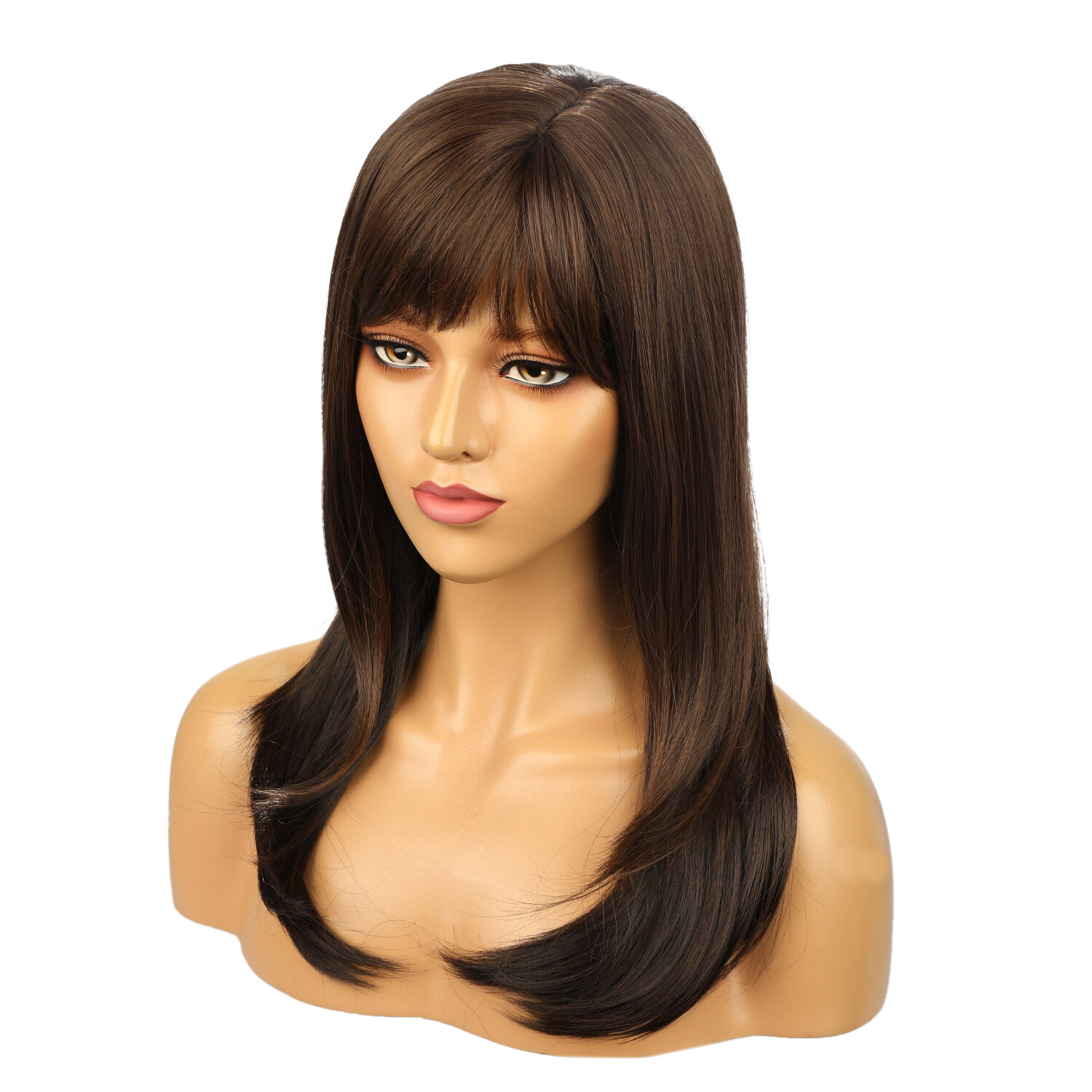 55cm Brown High Temperature Fiber Hair Wigs With Bangs For Women Natural Hair