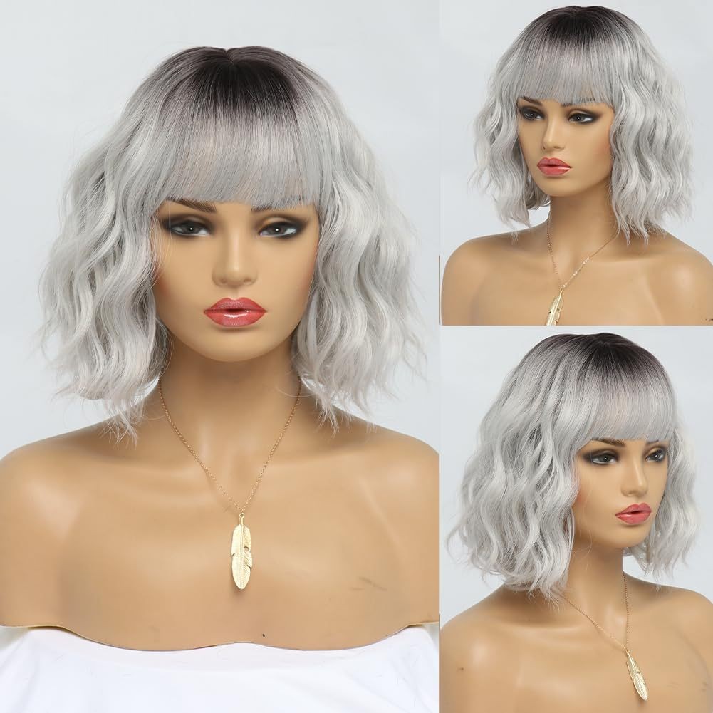 Short Wavy Curly Bob Wig with Bangs Heat Resistant Syntheticn for Women Cosplay