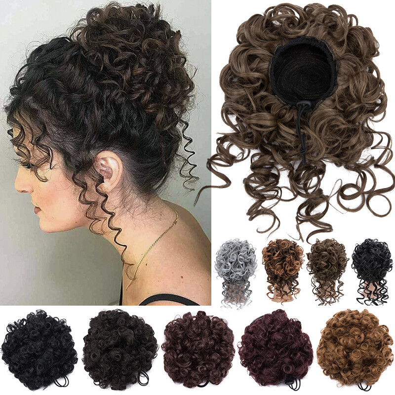 Afro Kinky Curly As Human Hair Clip In Short Ponytail Bun + Bangs Black Women US