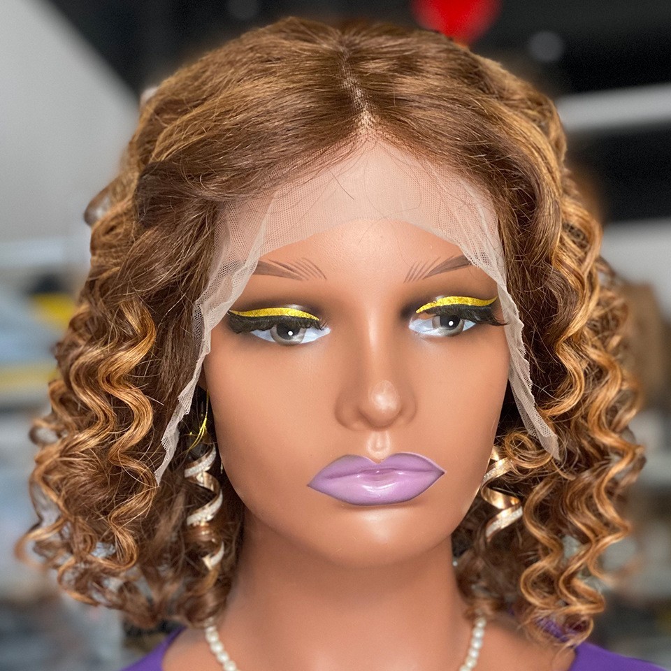 T4/27 Brown Highlight Wig Human Hair Wig Bob Wig 13X4 Lace Front Wig Pre-plucked