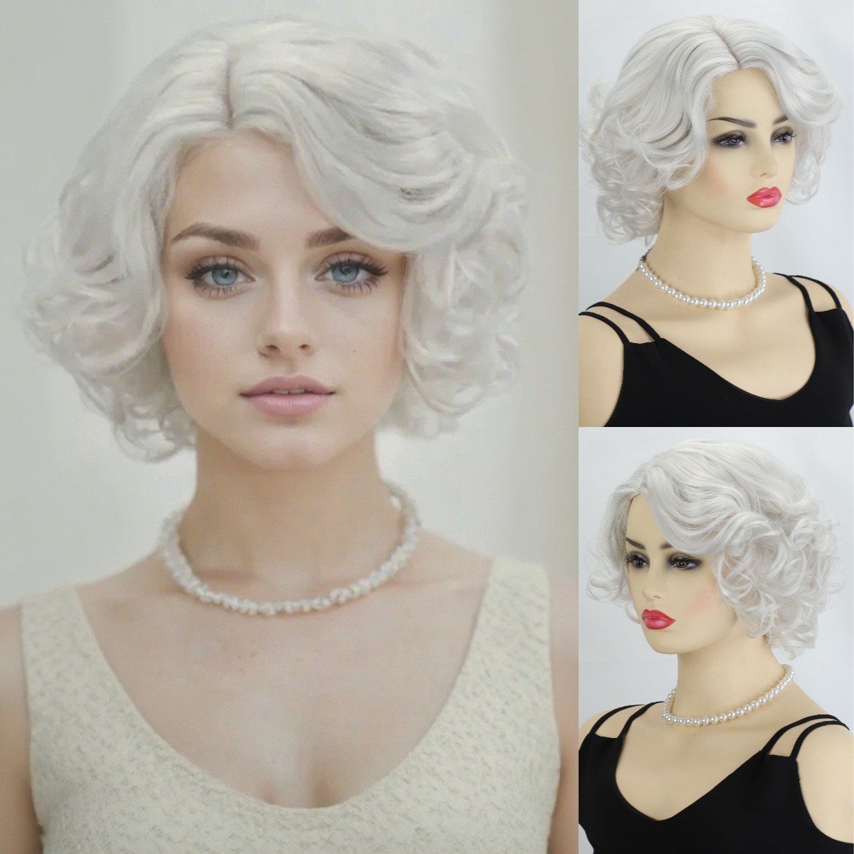 White Wavy Wig Vintage Style for Women Heat Resistant Synthetic Full Cosplay