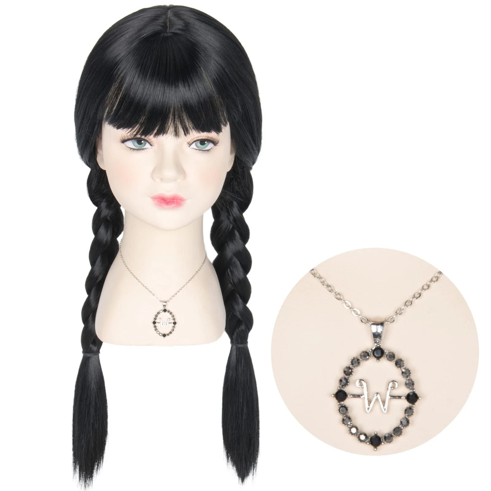 Long Straight Black Braids Wig with Bangs for Girls Child Halloween Party Cos…
