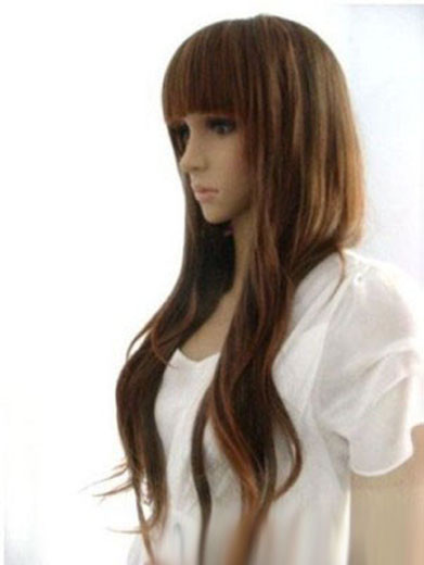 Fashion Sexy Long Brown Wavy Neat Bangs Women’s Lady Cosplay Hair Wig Wigs + Cap
