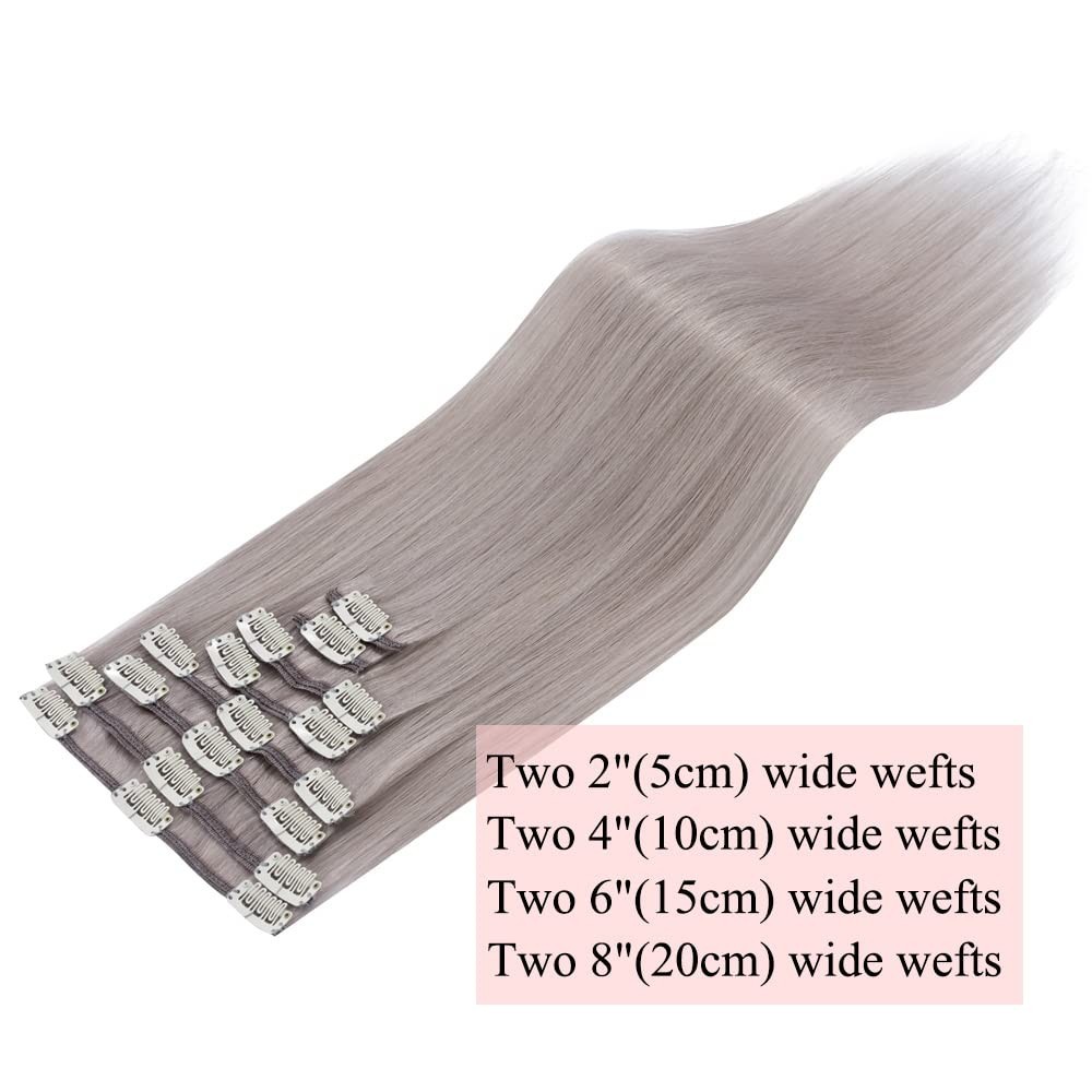 16″ Clip-in Real Human Hair Extensions – 65g Remy Gray Balayage 8pcs Weft Silky
