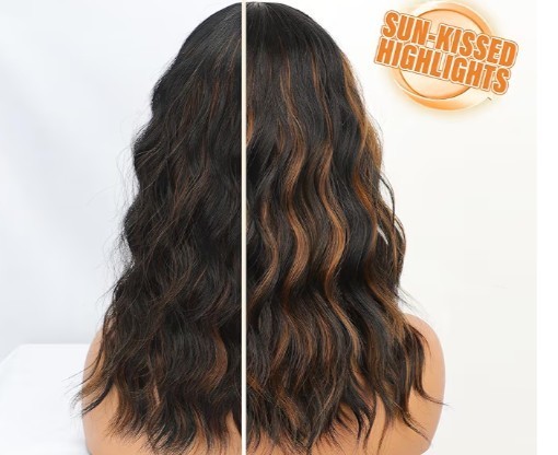 Wavy Bob Black Brown Highlight Wigs with Bangs for Women Short Bob Curly Wig