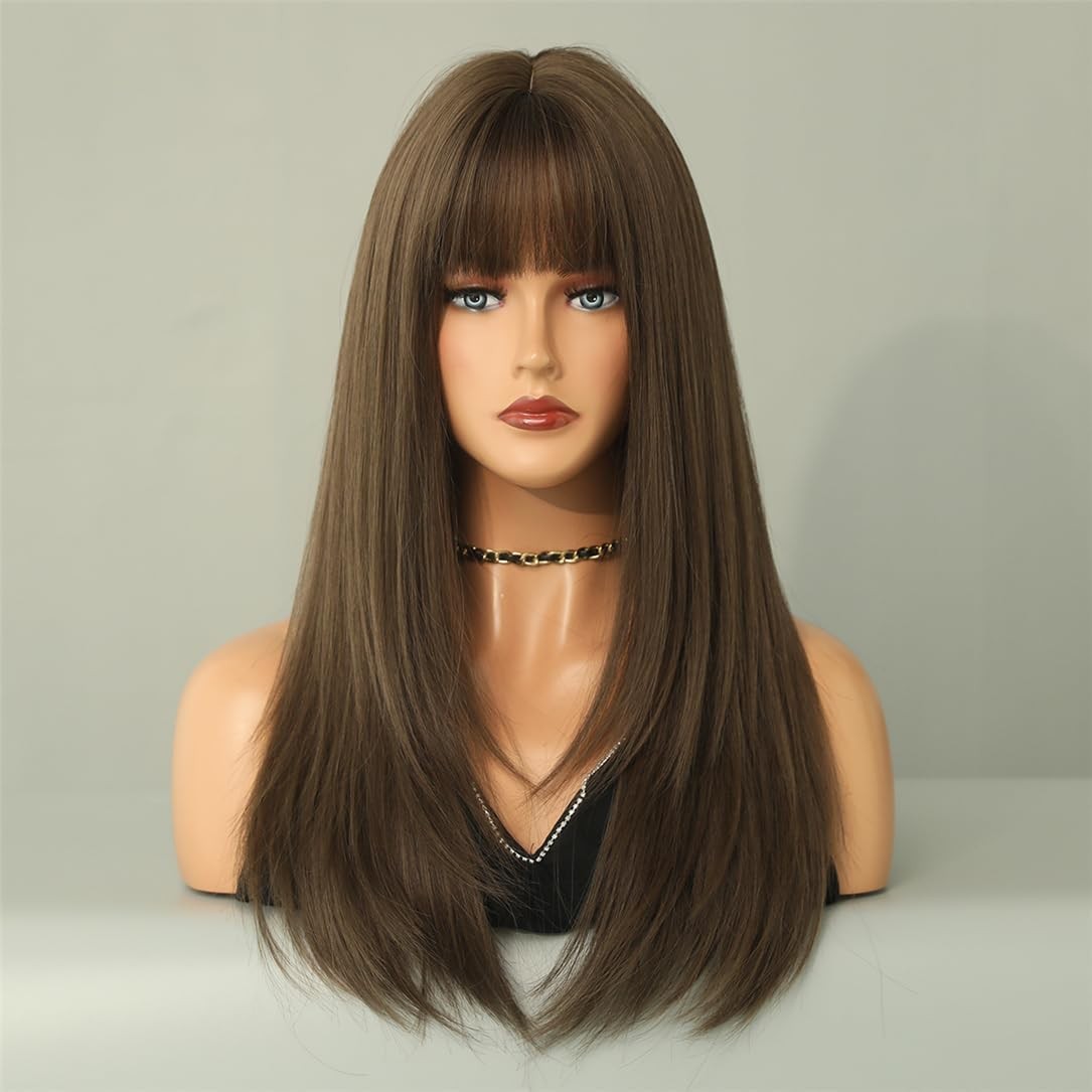 Medium brown Long Straight Dress Up Wig With Bangs Heat Resistant Synthetic Hair