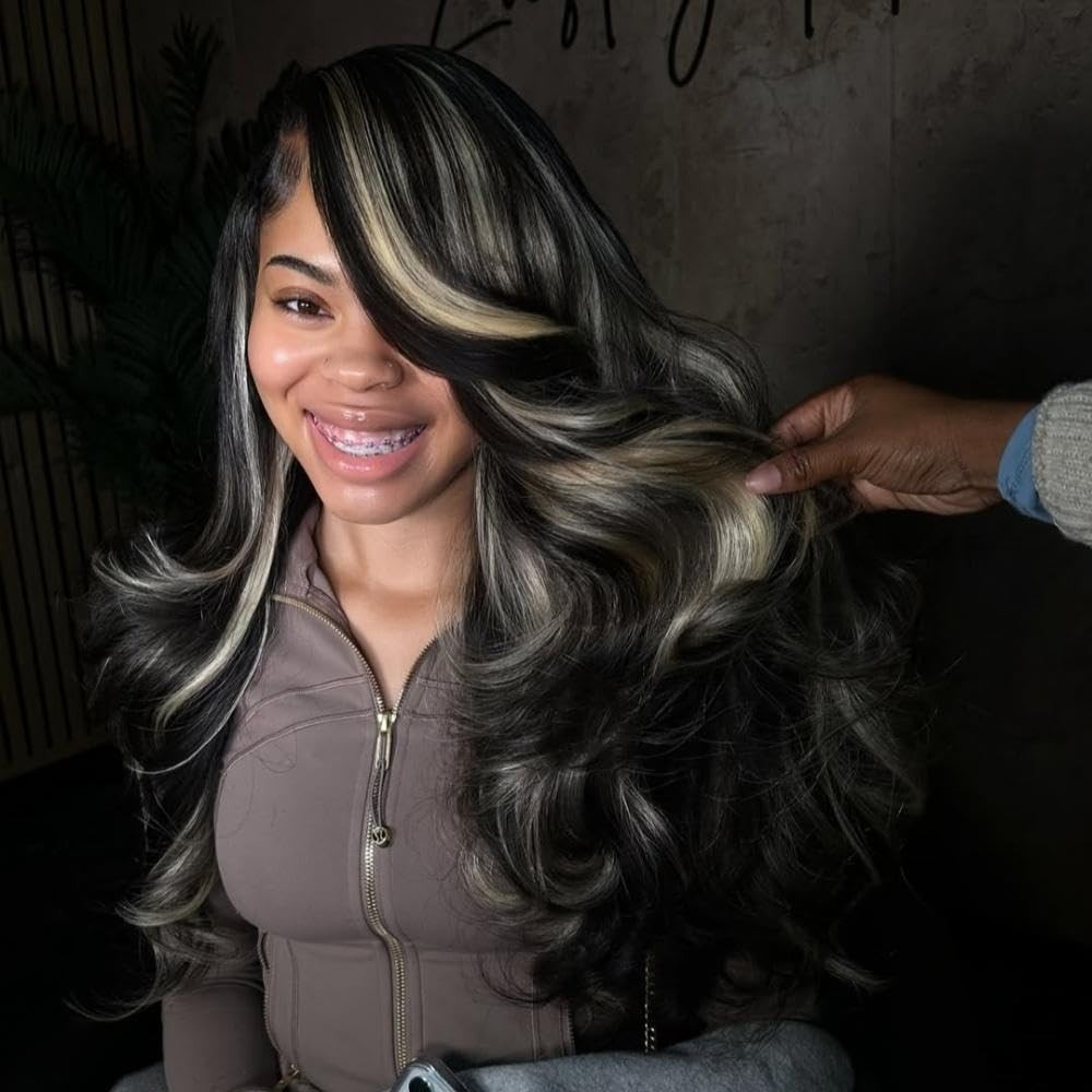 26″ Brazil Human Hair Wig Black+Blonde Highlight Body Wave 13×6 Lace Front 1B/27