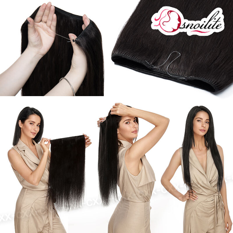 Wire Hair Extensions Real Remy Human Hair Hidden One Piece Headband Weft NO-CLIP