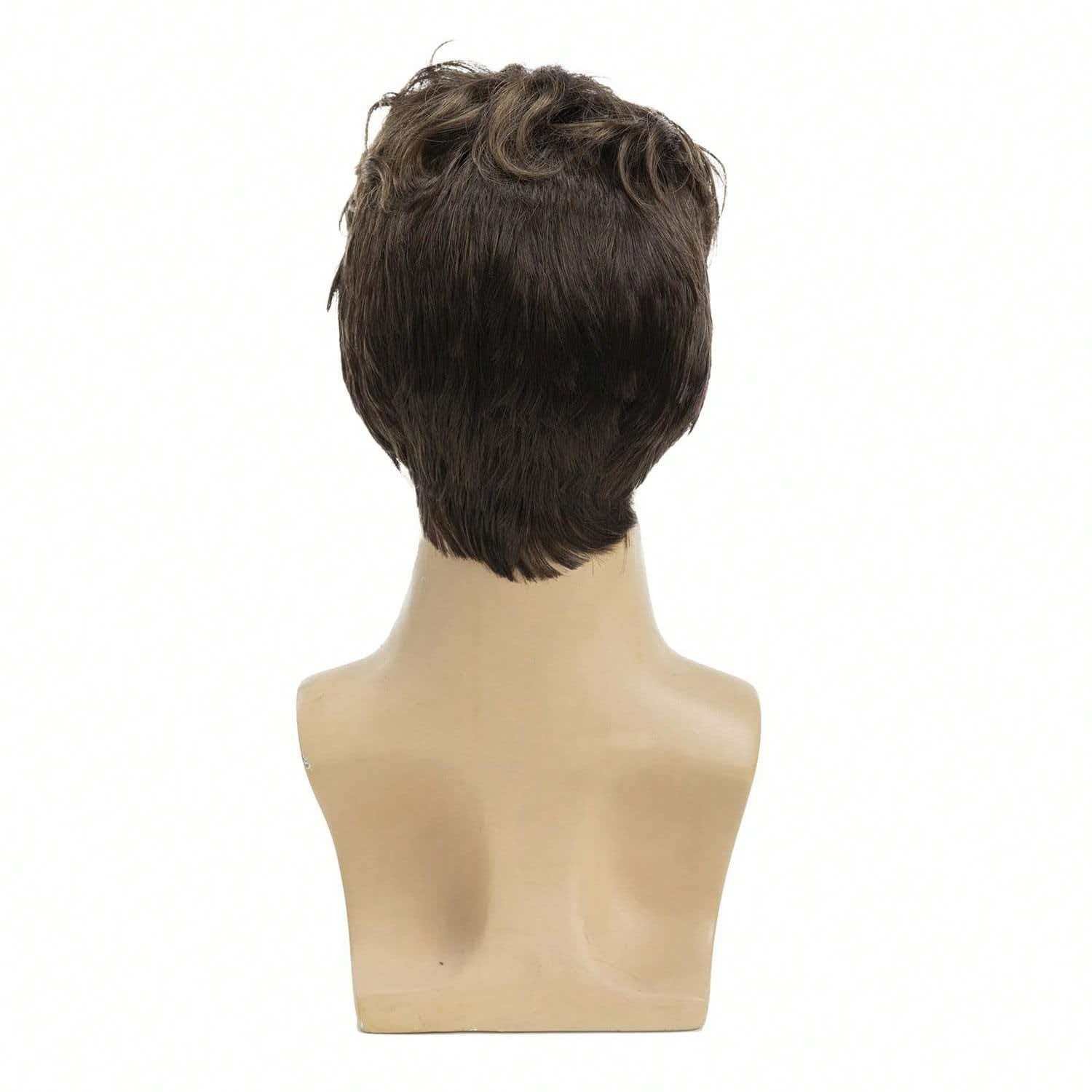Men’s 8in Short Dark Brown Wig Full Cosplay Synthetic Heat Resistant Daily Party