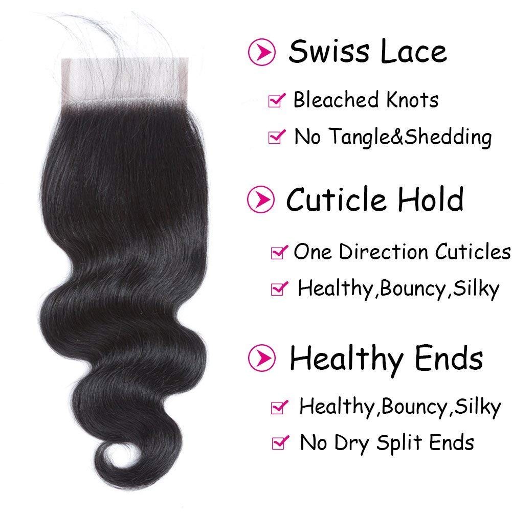 Body Wave Human Hair Lace Closure 4×4 Free Part Swiss Lace Closure 12A Brazil…