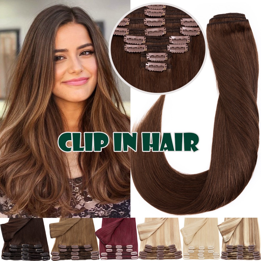 150G REAL THICK Double Weft Full Head Clip In Human Hair Extensions Highlight US