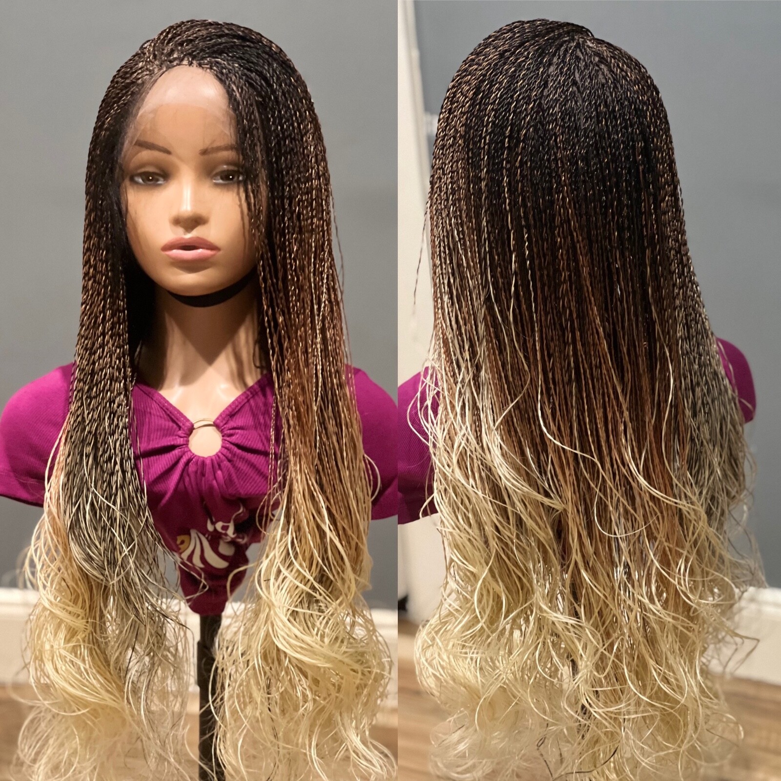Braided French curls wig. Three tone wavy wig. Made on a full lace wig. 30” long