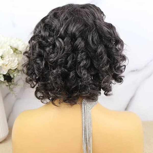 Short Black Grey Curly Human Hair Wigs Pixie Lace Front Glueless Soft Remy Wigs