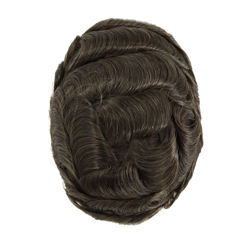 Mens Toupee Thin Skin Knotted Human Hair Replacement System Hairpieces Brown #4