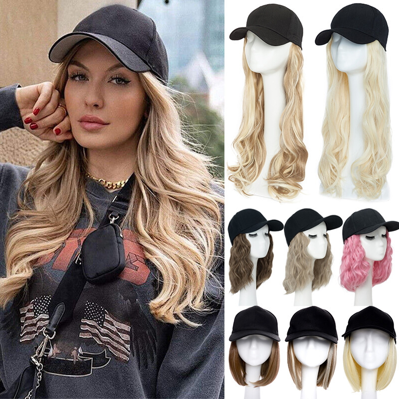Baseball Cap 16 inch Long Water Wave Blonde Heat Friendly Synthetic Hair Hat Wig