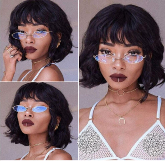 100% Remy Human Hair Wig Short Black Slight Wave Wig with Bangs Lace Front Wigs