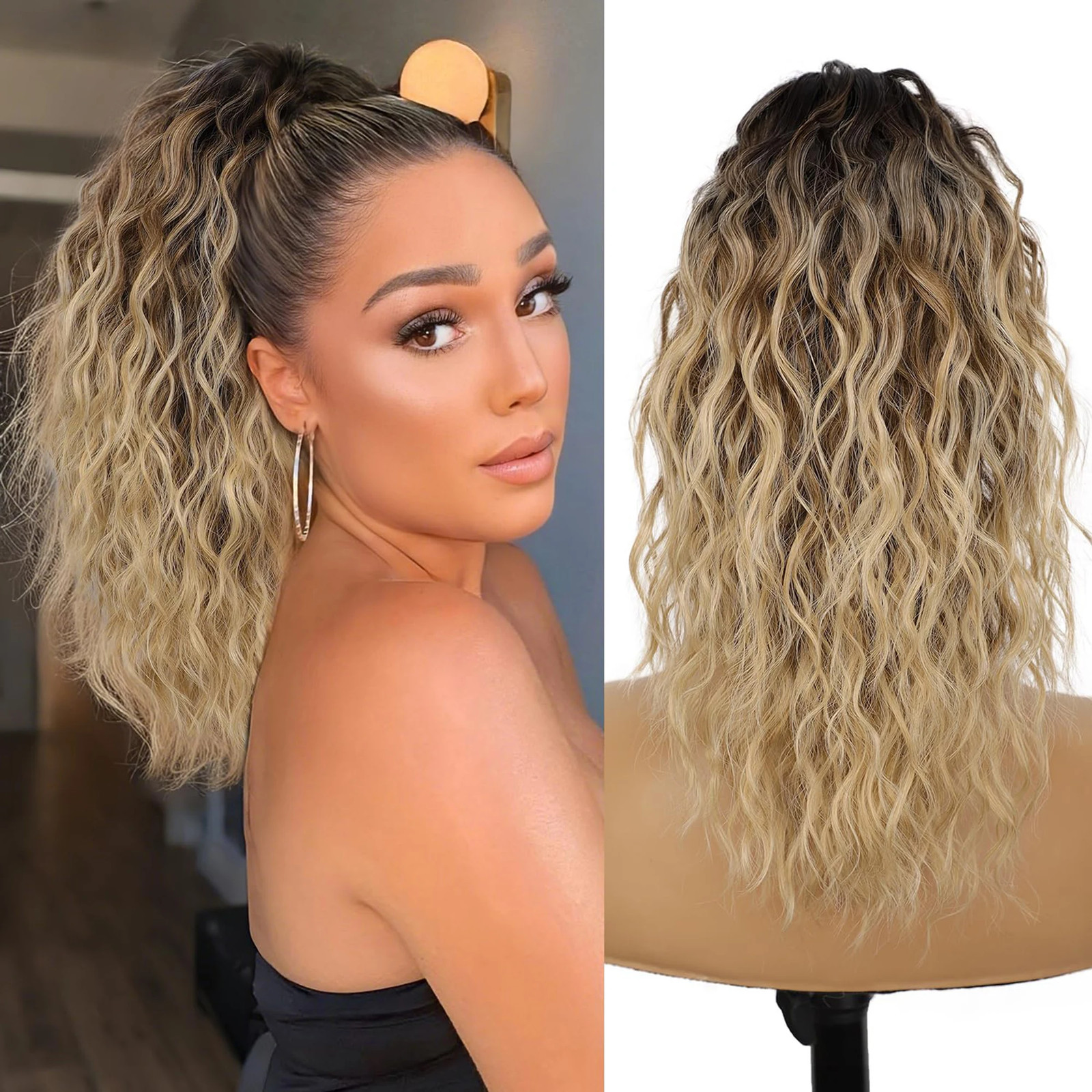 Black Brown Long Wavy Curly Synthetic Claw Clip In Ponytail Fake Hair Extension