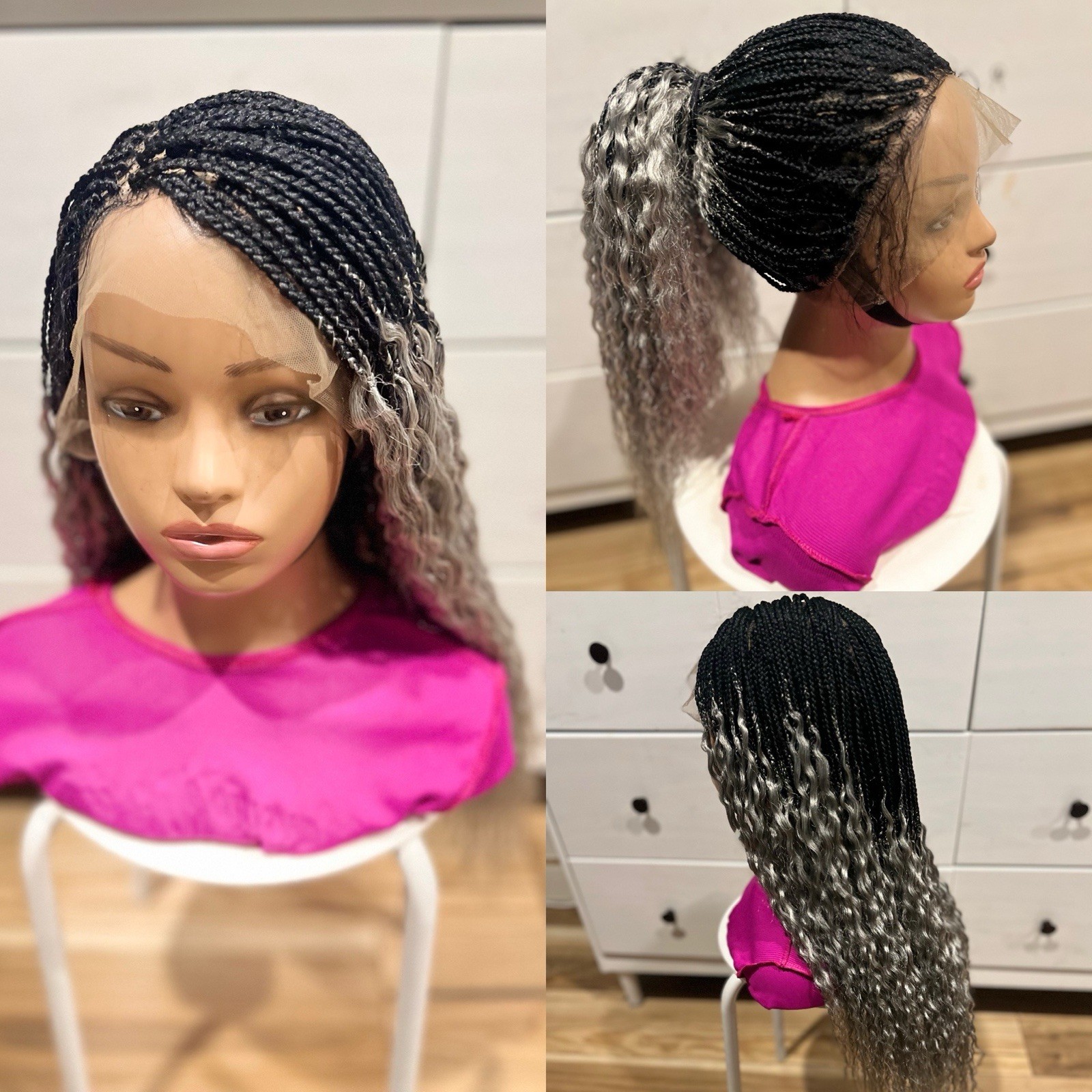 Braided water wave wig made on a full lace wig.length is 24” Black & Gray Wig