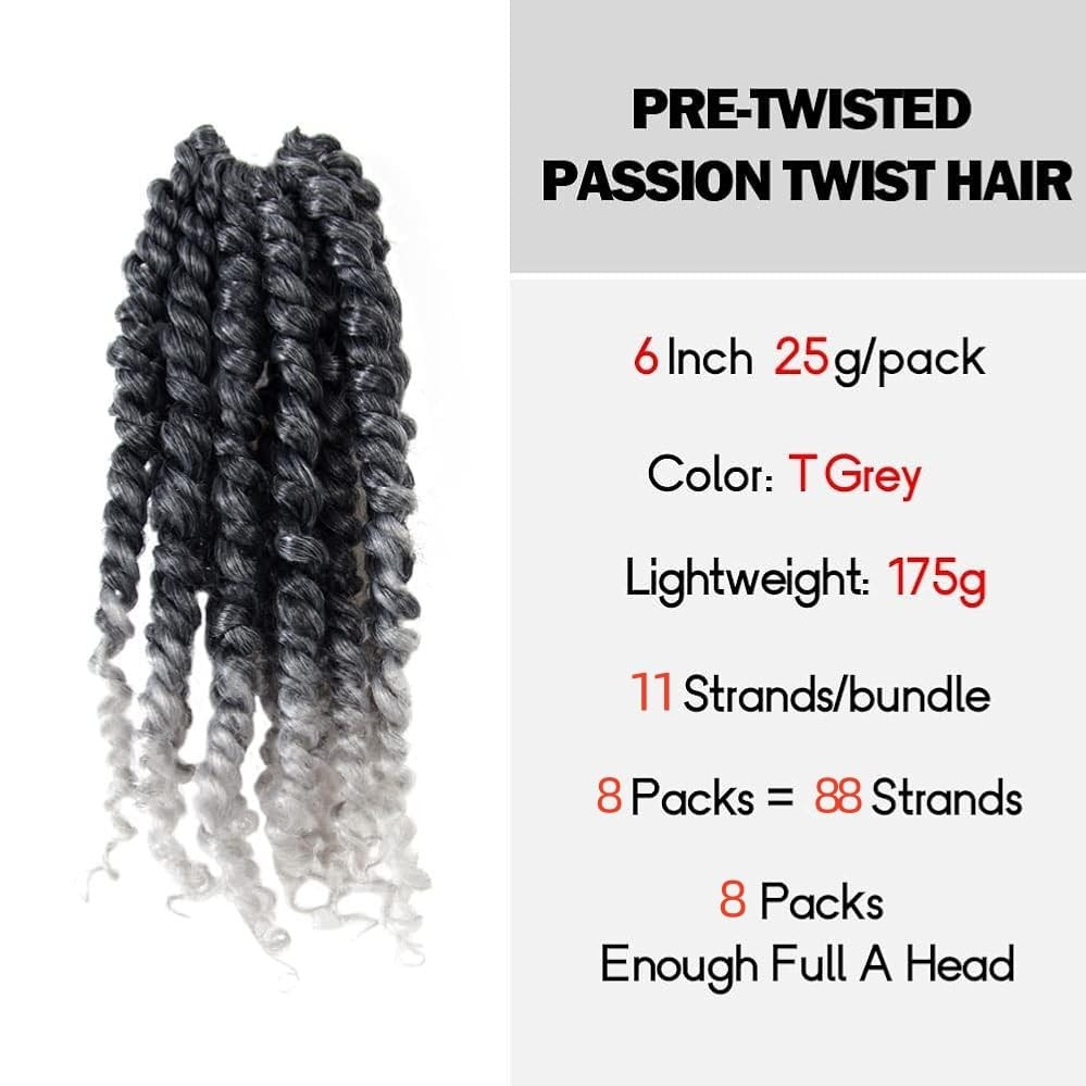 WUDAS 6 Inch Short Pre-Twisted Passion Twist Crochet Hair Ombre Grey