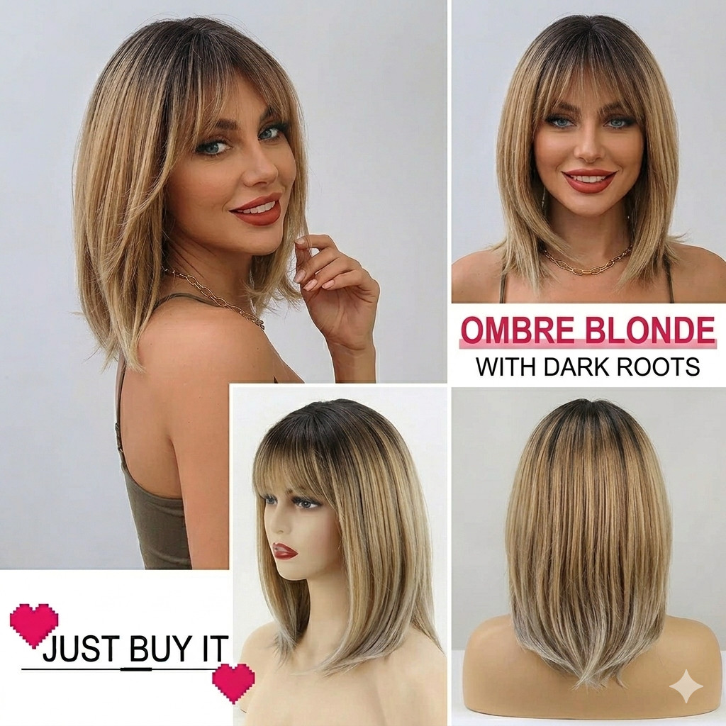 12″ Ombre Blonde Shoulder Length Bob Wig women HAIRCUBE dark roots center scalp