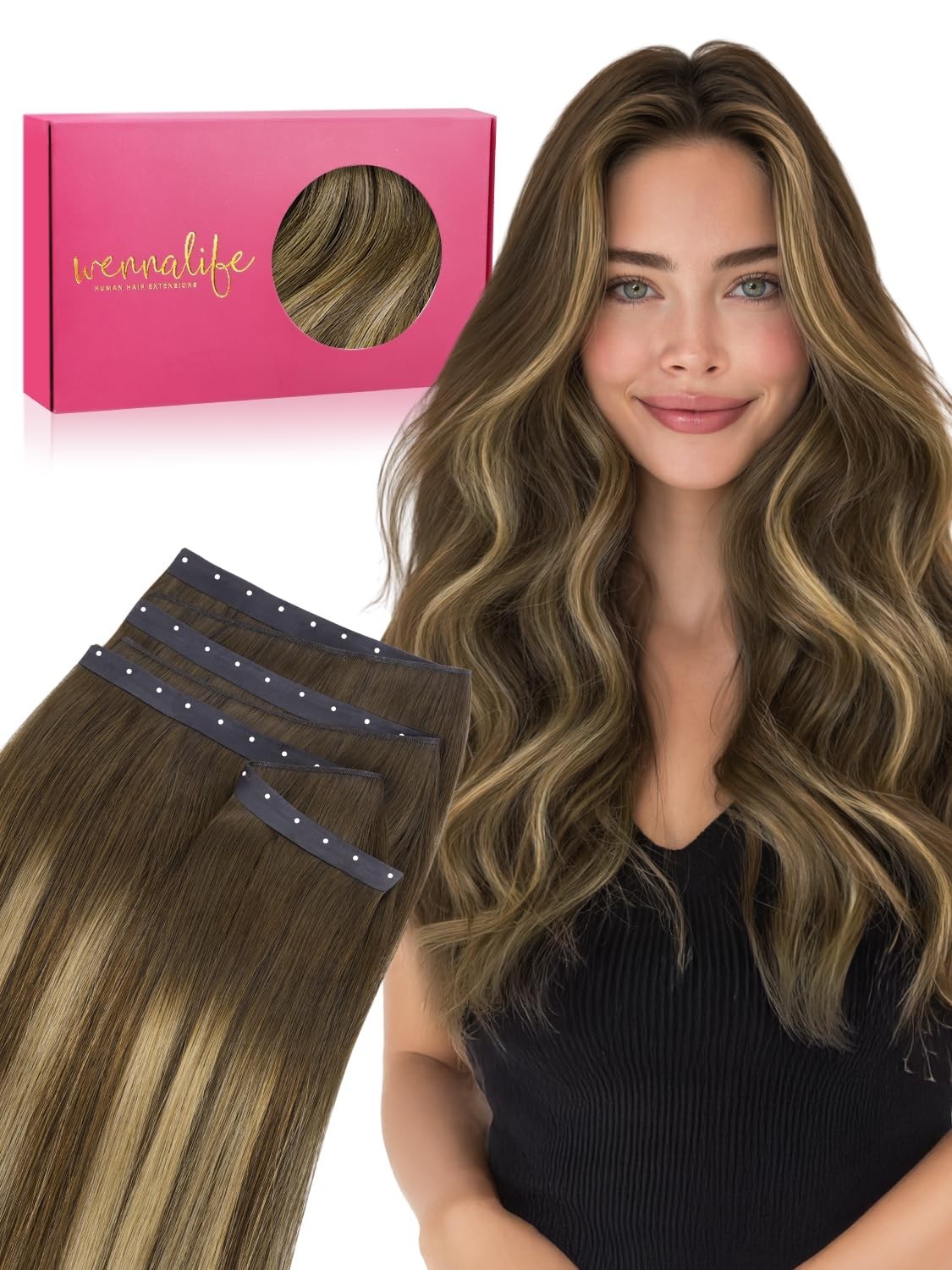 WENNALIFE 3PCS Butterfly Weft Hair Extensions Human Hair 18 Inch 110g Balayage C