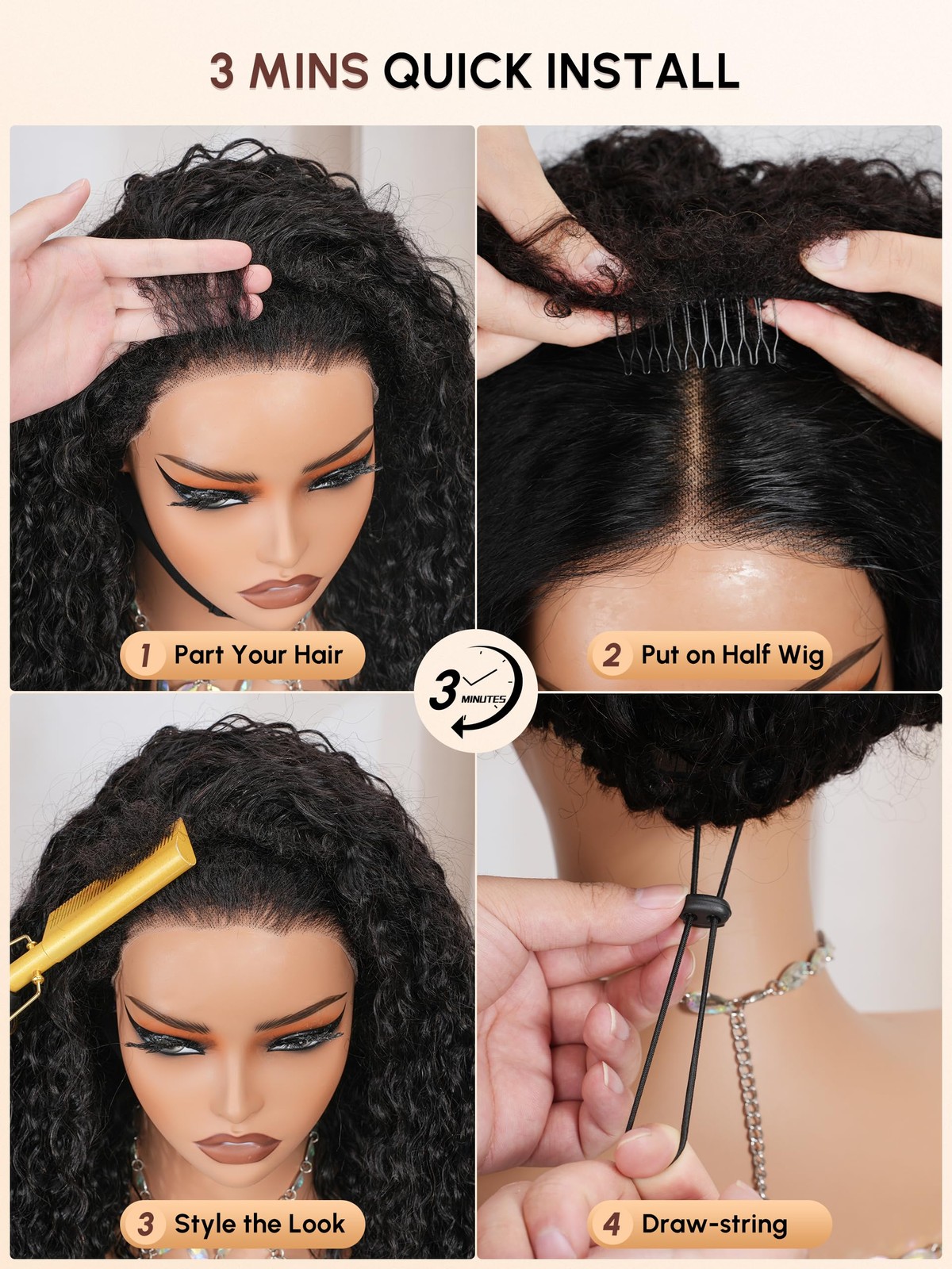 Shangyinfa T1B/30 Water Wave Half Wig Human Hair Ombre Drawstring Invisi Cap 4C