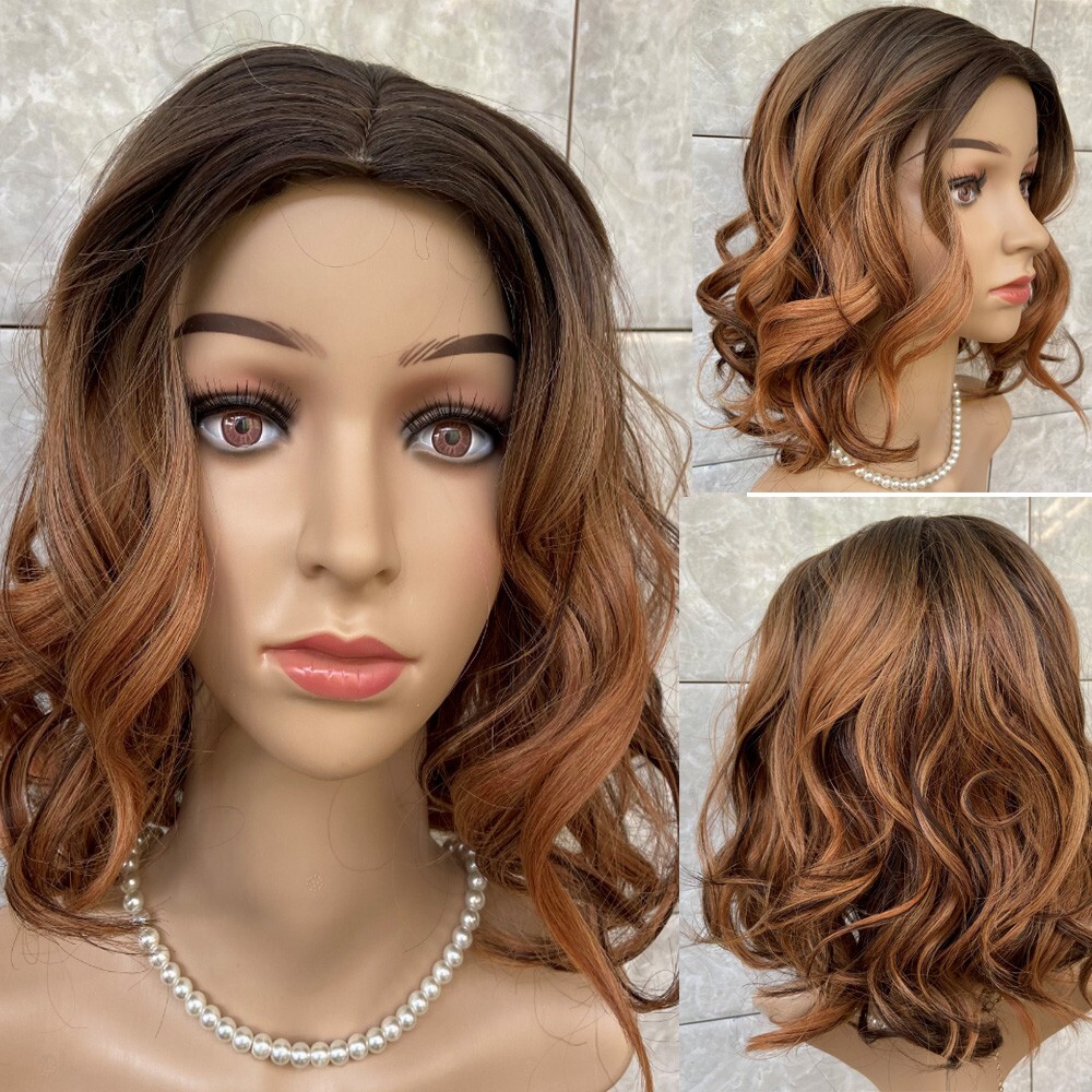 Medium Curly Wavy 100% Human Hair Blend Heat Ok Wigs Brown Mix Blonde Women Soft