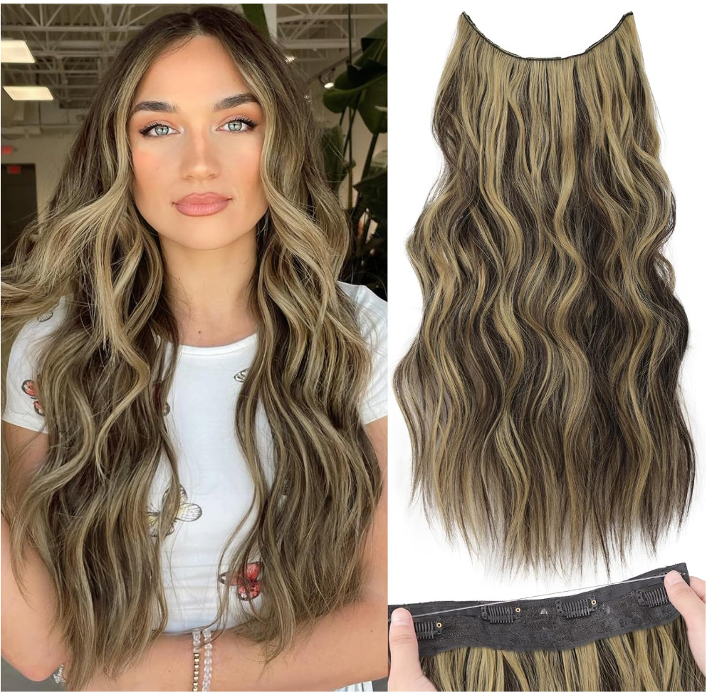 KooKaStyle Invisible Wire Hair Extensions 20″ Light Brown Ash Blonde Mix P10