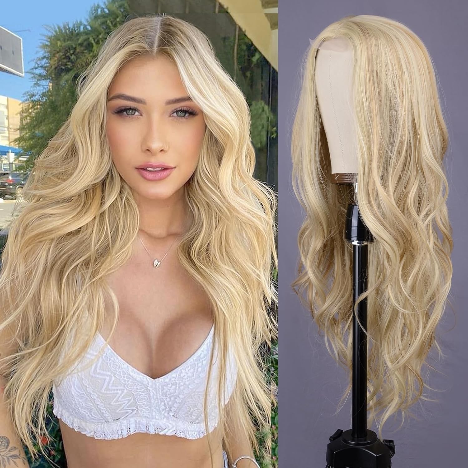 26″ Mixed Blonde Long Wave Wig for Women Middle Part Long Curly Wig