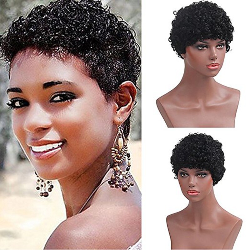 Short Curly Pixie Cut Wigs Black Soft Hair Natural Looking 100% Human Hair Wigs