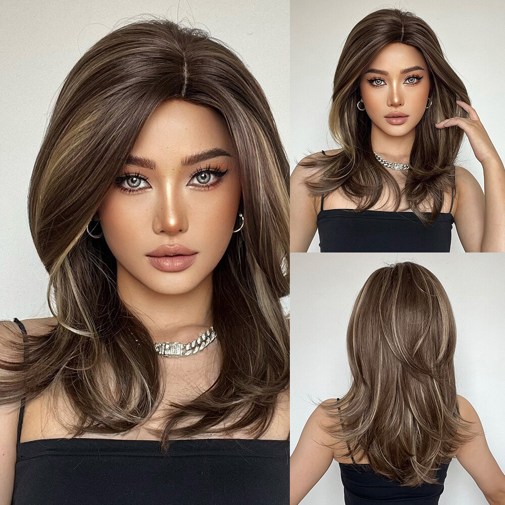Long Brown Blonde 20 inch Soft Hair Wigs with Side Bangs for Women Daily Party