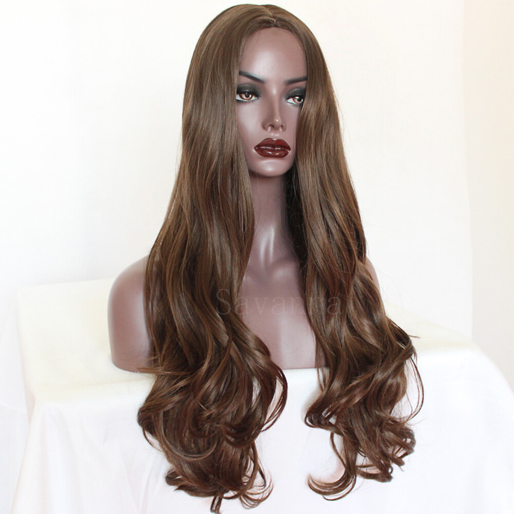 Long Brown Synthetic Hair Silk Top No Lace Wigs Natural Wavy Heat Resistant Wig