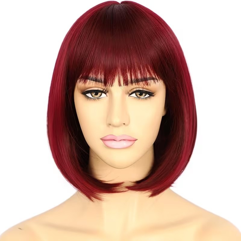 Women Short Bob Wig Burgundy Red with Bangs Straight Synthetic Hair Full Wig 12i