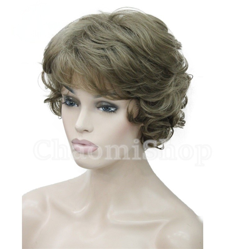 Women’s Wig Short Black Brown Grey Mix Curly Wave Ladies Daily Hair Wigs