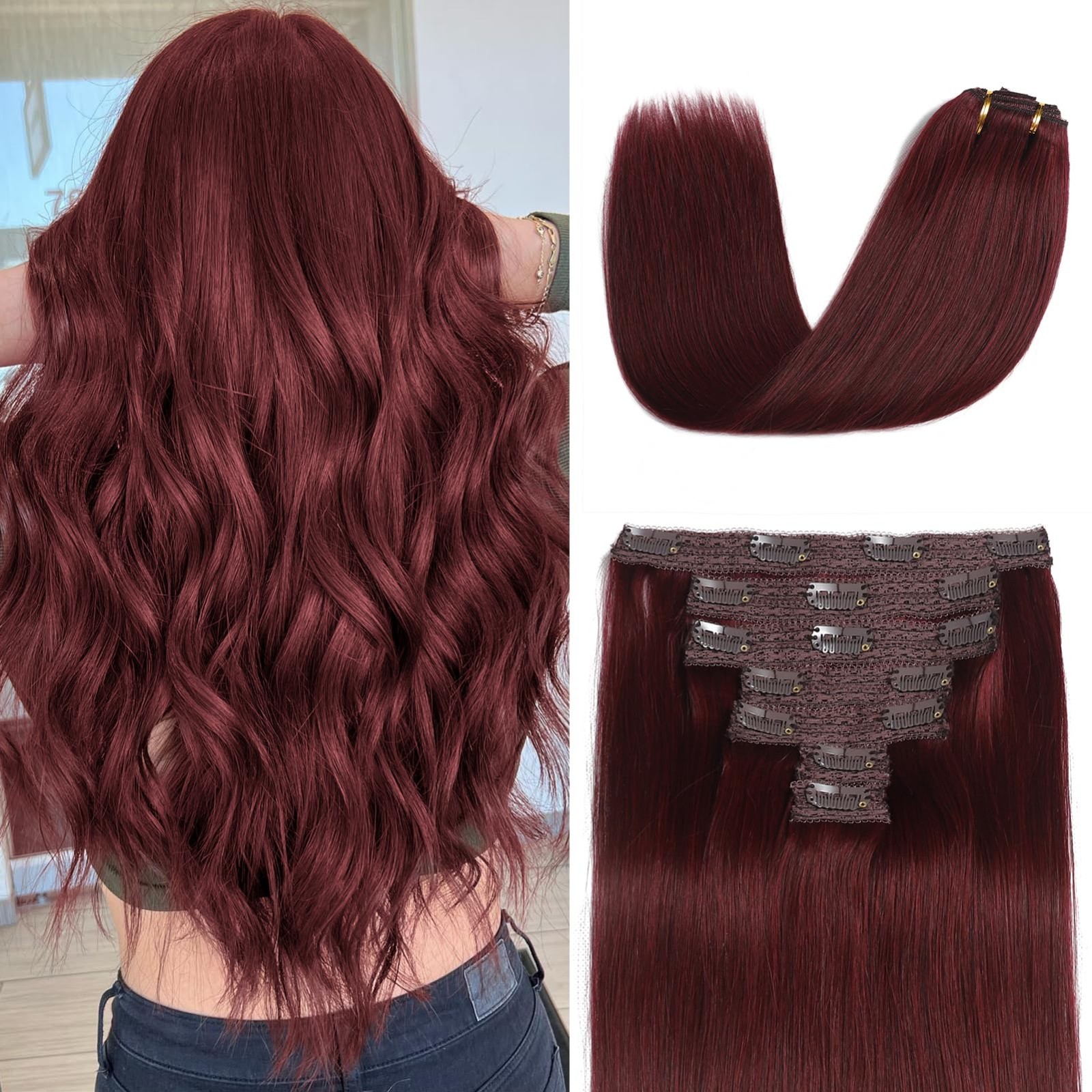 20″ Burgundy Red Clip-In Hair Extensions, 7pcs 70g, Real Human Hair, Soft & Stra