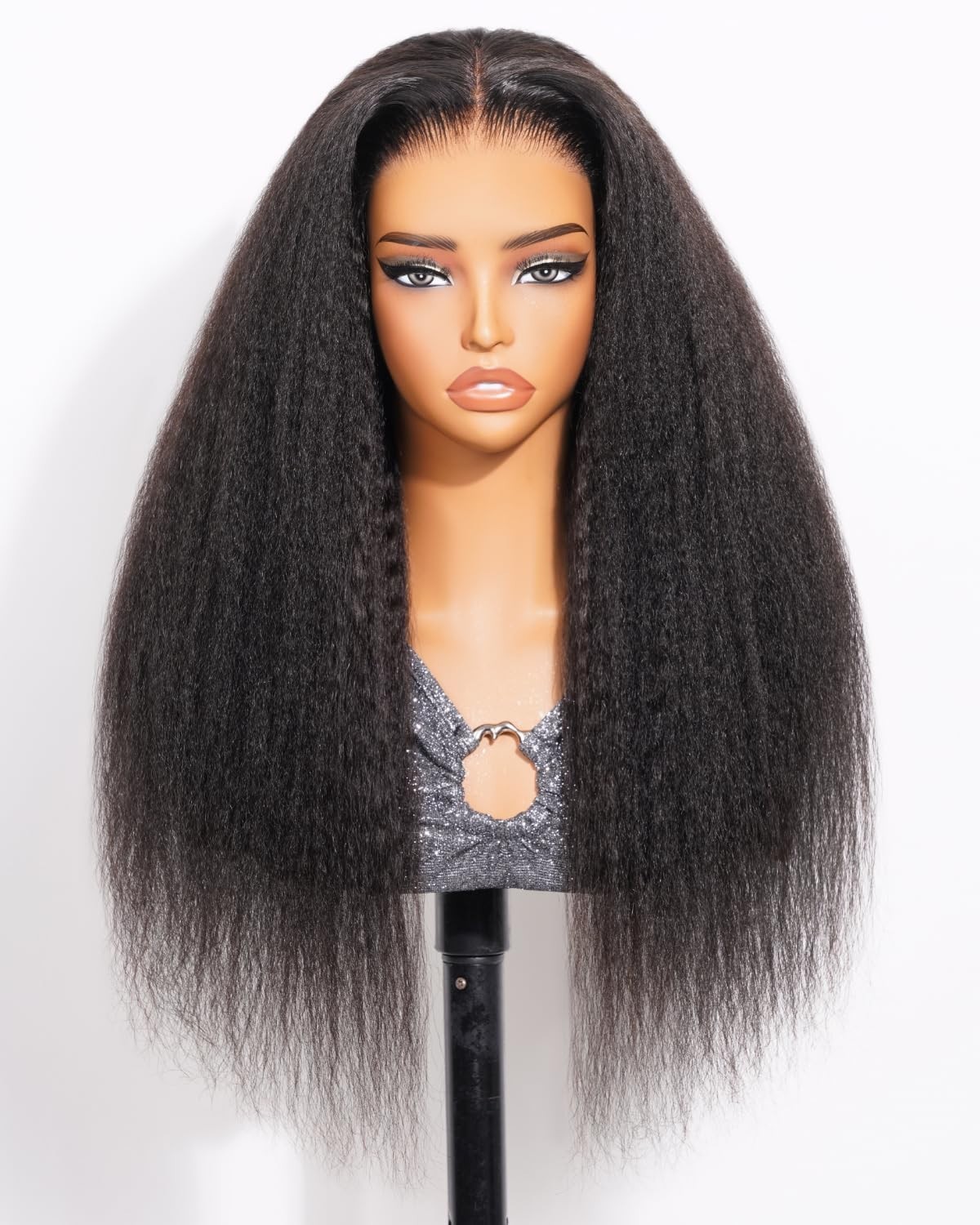3-in-1 Half Wig Kinky Straight Glueless HD Lace Human Hair 24″ Yaki 210% Density
