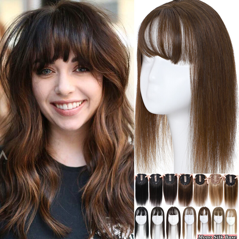 Bangs Clip in Hairpiece 100% Remy Human Hair Topper Toupee Top Silk MONO Women
