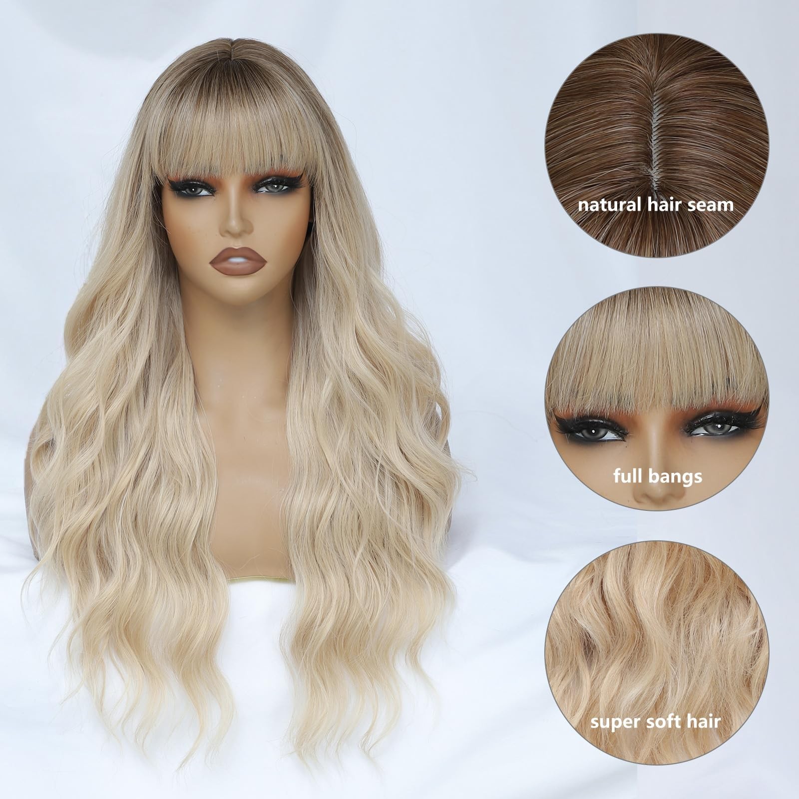 Blonde Wig with Bangs for Women 26 Inch Long Wavy Wig Blonde Hair Wigs Heat R…
