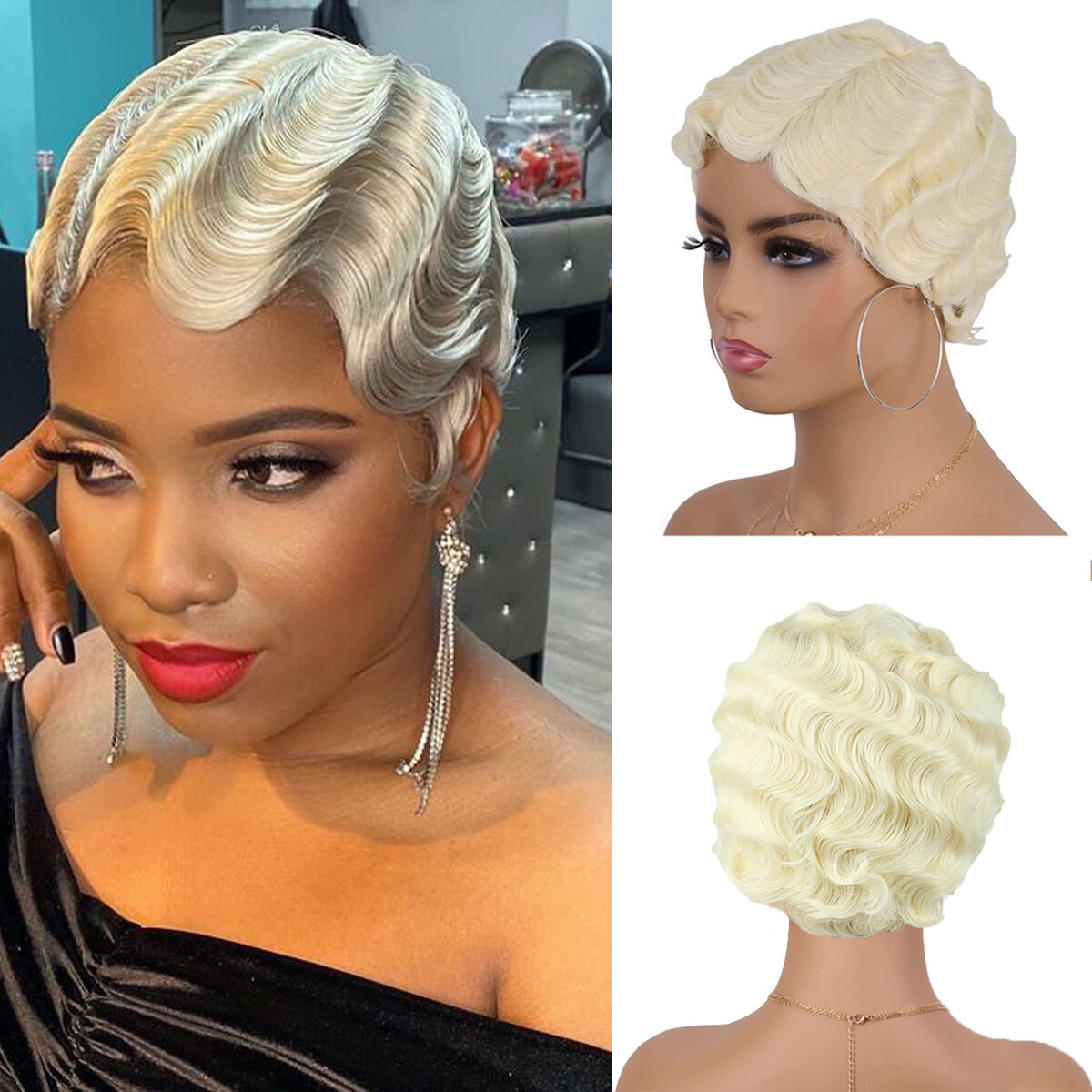 Retro Finger Wave Wig for Women Short Wavy Wig Vintage 1920s Cosplay Party Wigs