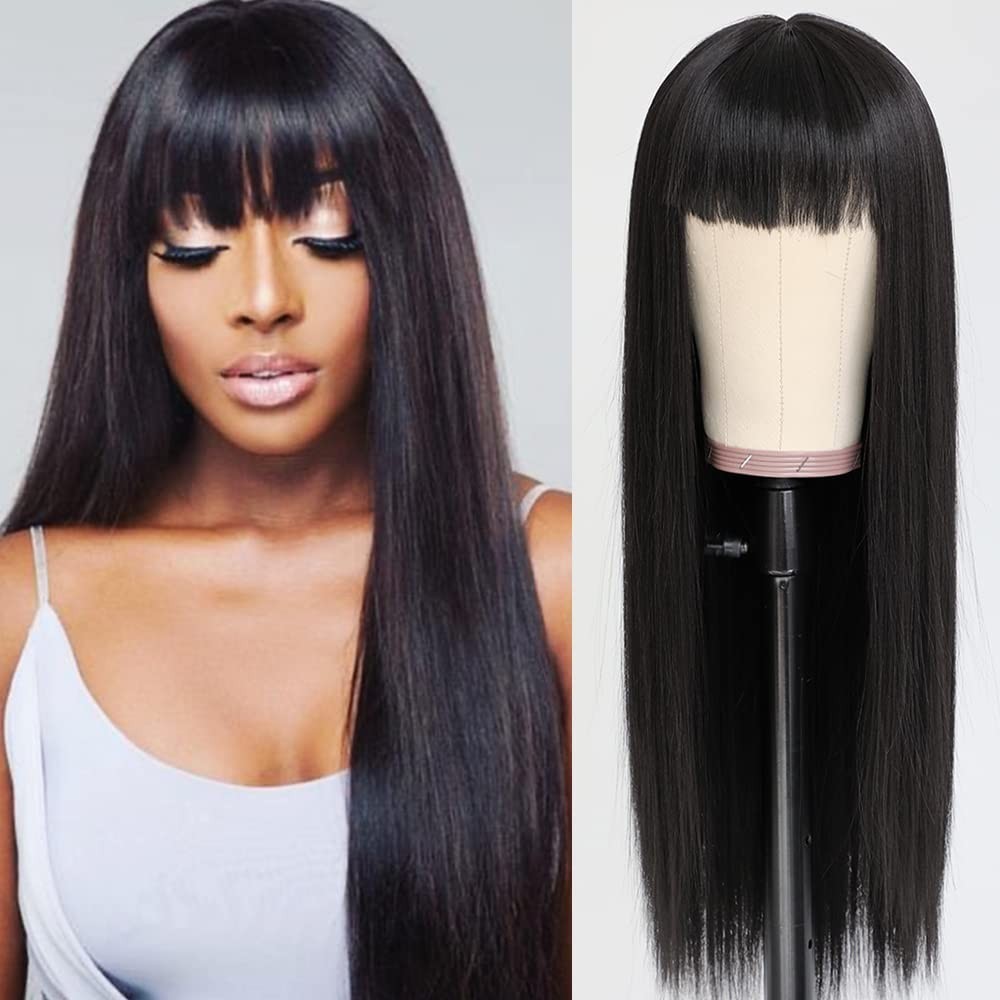 Synthetic Hair Wig 24 Inch Black Straight No Lace Full Bangs Youthful Style