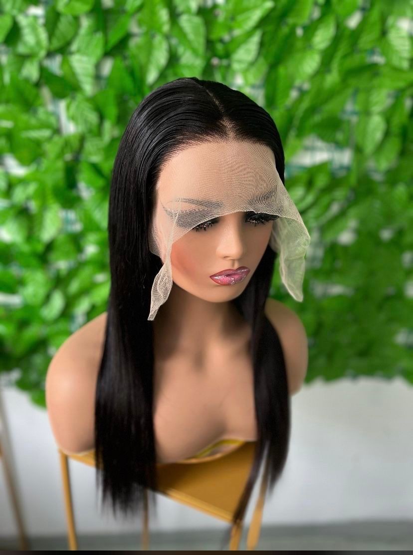 20″Natural Black Straight Human Hair Blend 13X4 Lace Front 180% Density Wig,