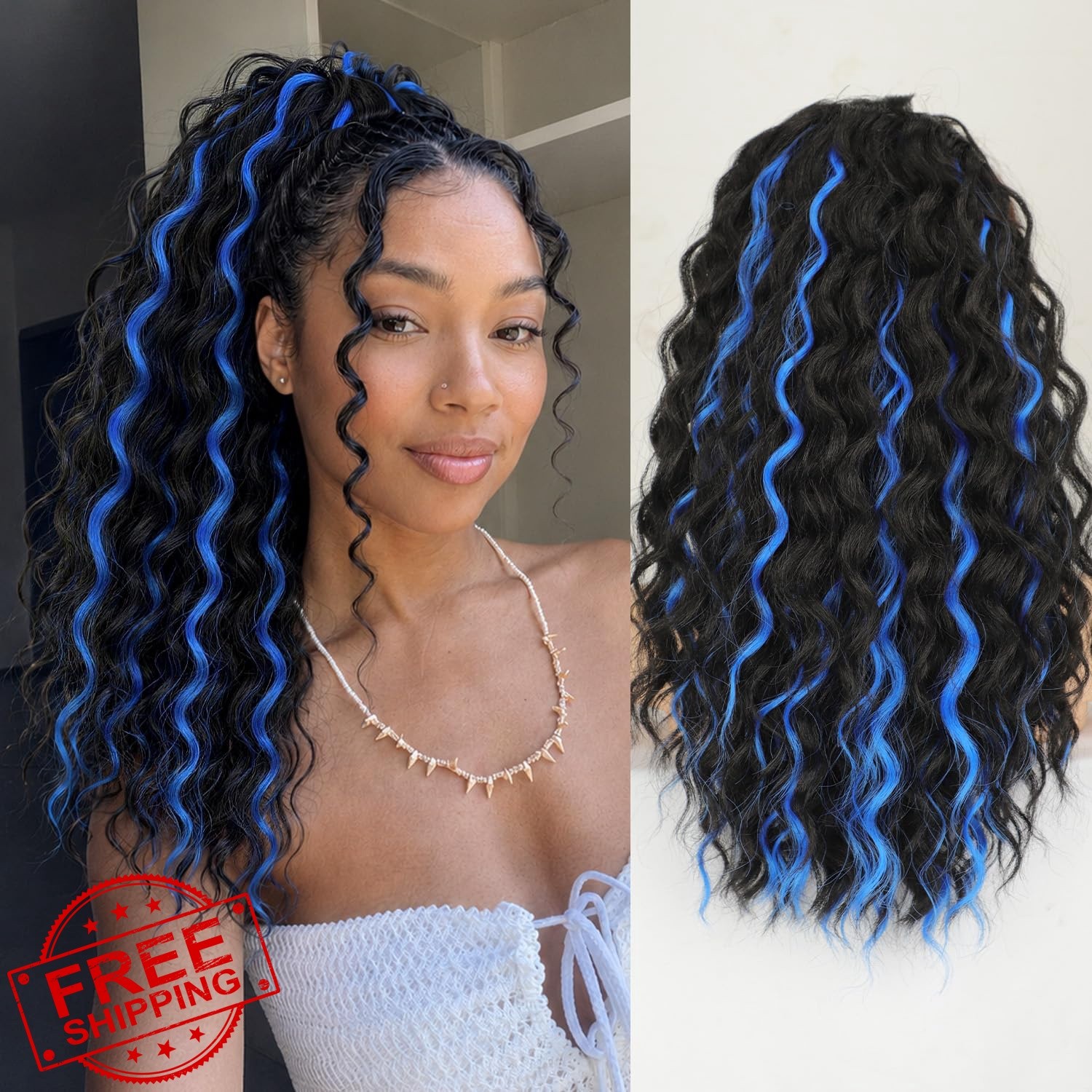 KooKaStyle 18 Inch Black Mix Blue Ponytail