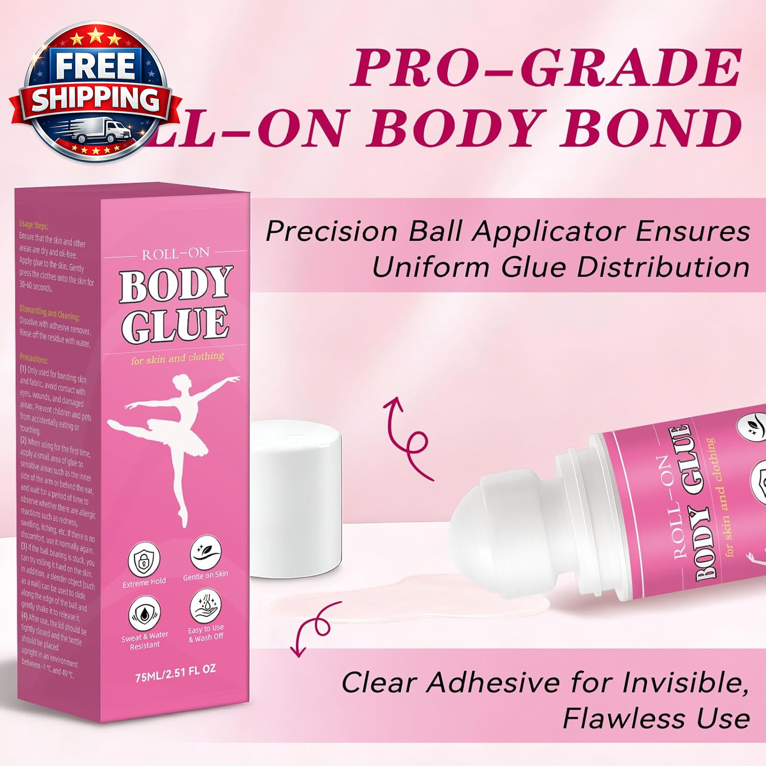 Body Glue for Clothes & Skin 2.54 Oz, Roll-On Body Adhesive, Sweat Resistant, Sk