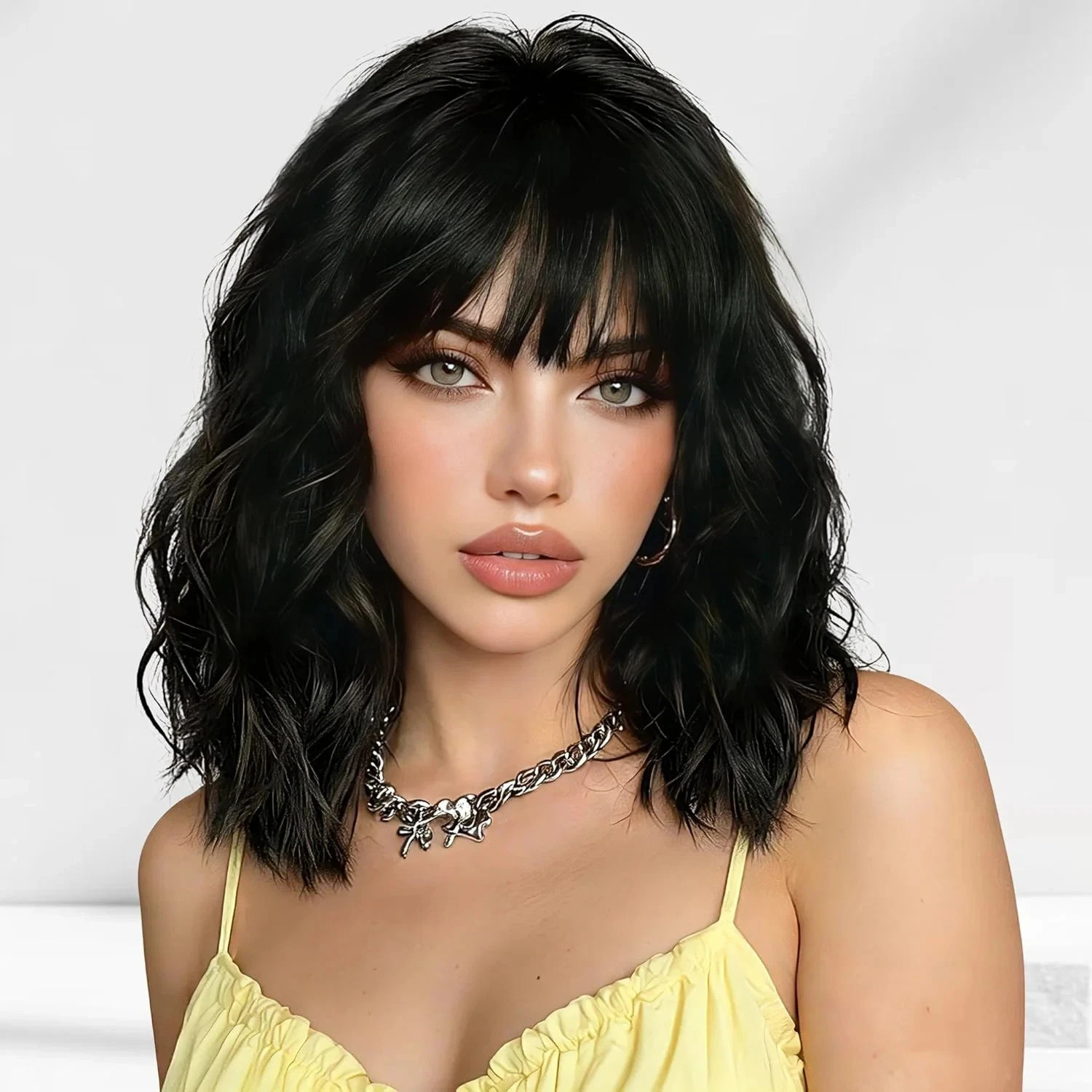 Black Wigs for Women 16 Inch Charming Wig with Bangs for Women Shoulder Length